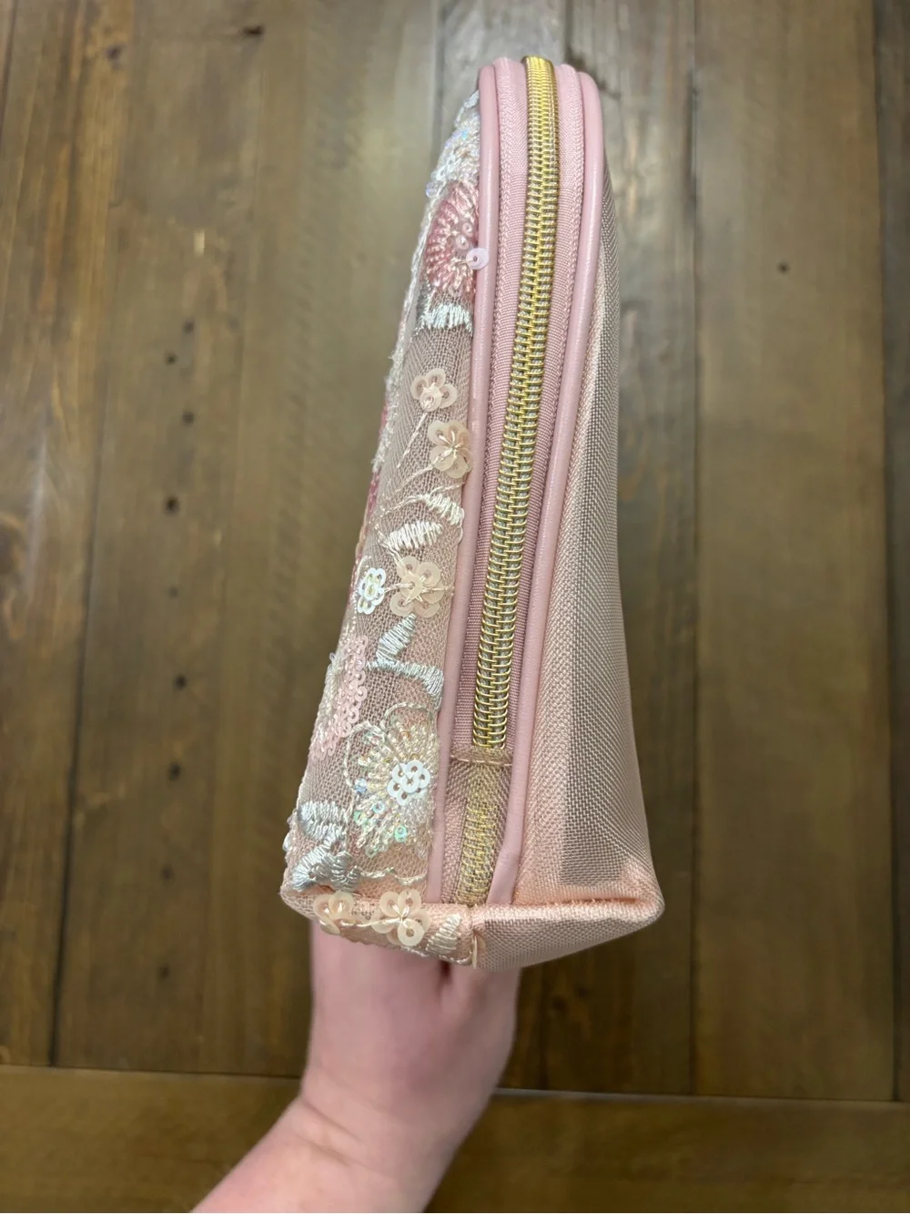 Vince Camuto Blush Pink Floral Sequin Cosmetic Bag